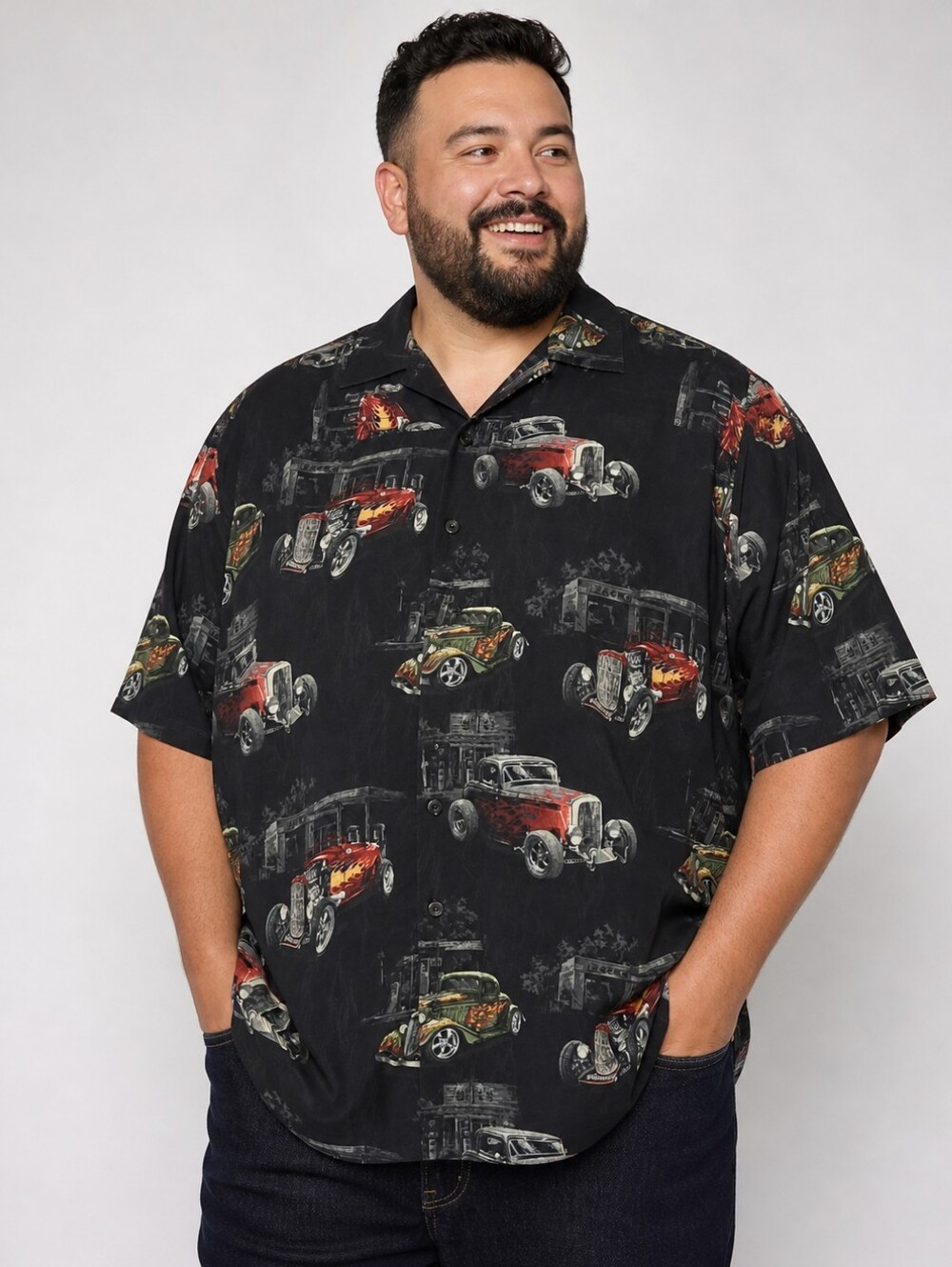 RedHead Hot Rod Button Down 4X | Retro Car Print Rockabilly Big & Tall